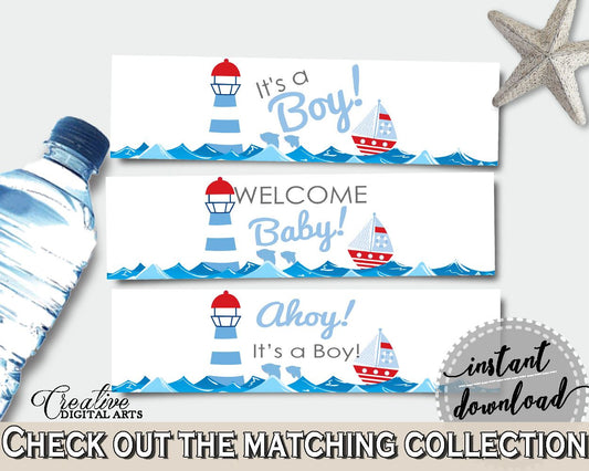 Bottle Labels Baby Shower Bottle Labels Nautical Baby Shower Bottle Labels Baby Shower Nautical Bottle Labels Blue Red party theme DHTQT - Digital Product