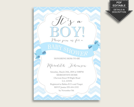 Chevron Baby Shower Invitations Printable, Digital Or Printed Invitation Baby Shower Boy, Editable Invitation Blue White Popular Light cbl01