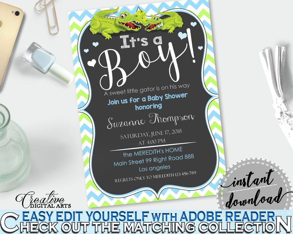 Baby Shower INVITATION editable with green alligator and blue color theme, instant download - ap002