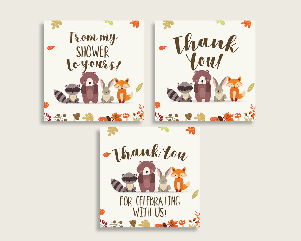 Woodland Baby Shower Square Thank You Tags 2 inch Printable, Brown Beige Gender Neutral Shower Gift Tags, Hang Tags Labels, Instant w0001