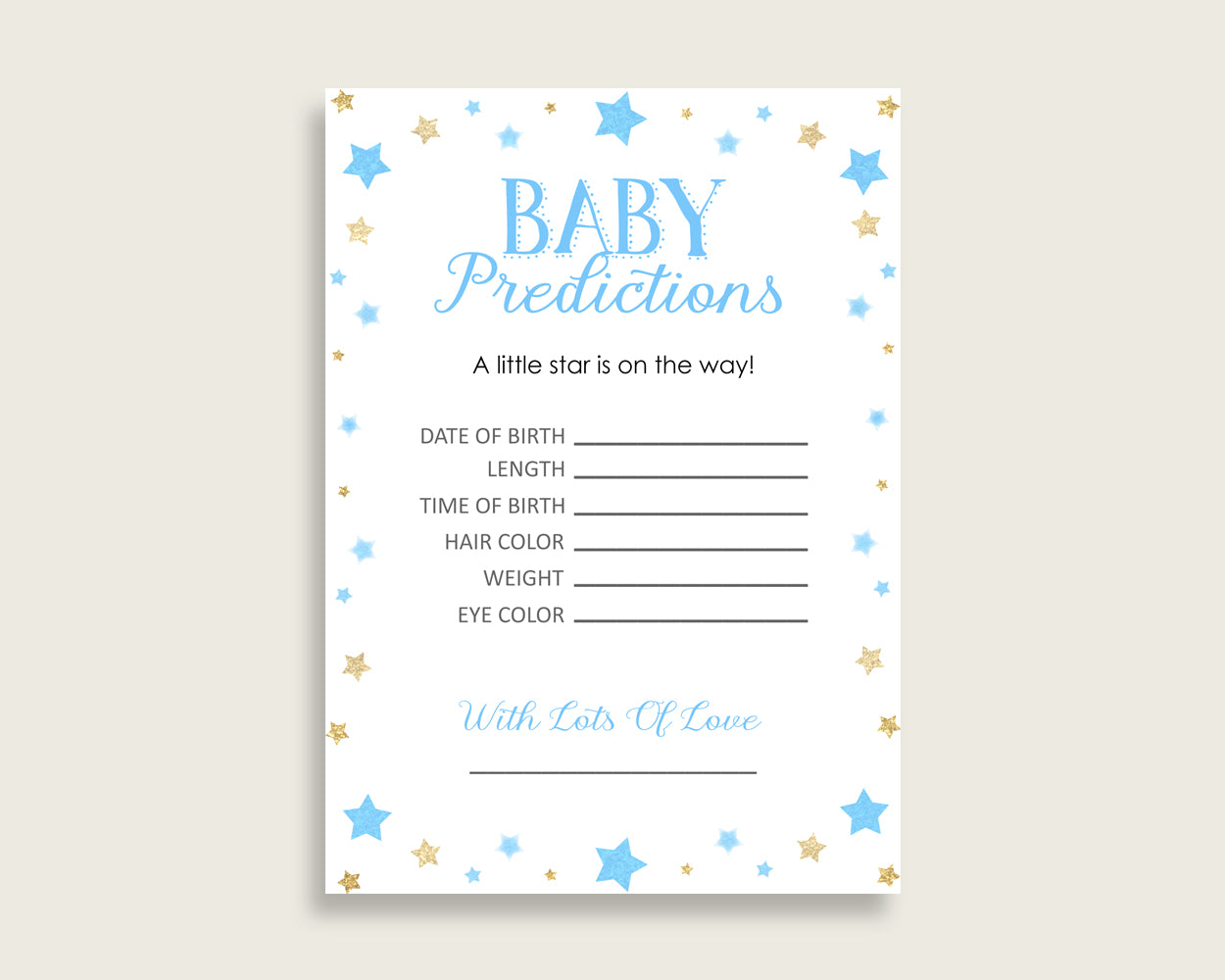 Stars Baby Shower Prediction Cards & Sign Printable, Blue Gold Baby Prediction Game Boy, Instant Download, Most Popular Little Star bsr01