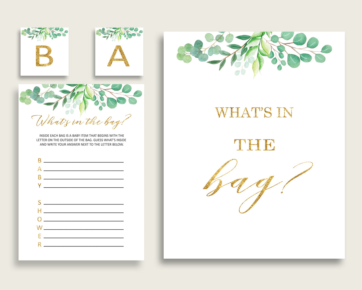 Greenery Baby Shower What's In The Bag Game, Green Gold Gender Neutral Bag Game Printable, Instant Download, Botanical Floral Y8X33