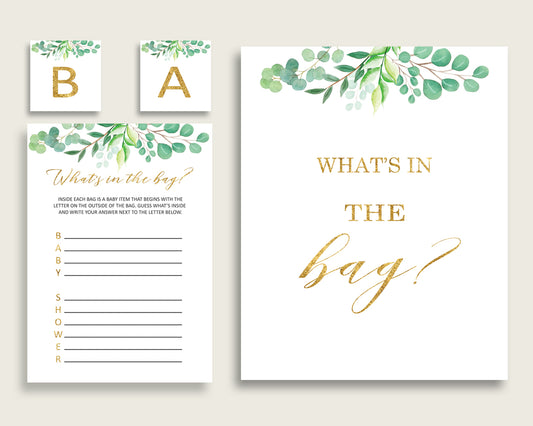 Greenery Baby Shower What's In The Bag Game, Green Gold Gender Neutral Bag Game Printable, Instant Download, Botanical Floral Y8X33