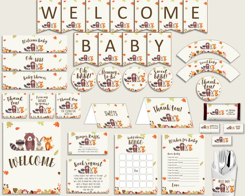 Brown Beige Baby Shower Decorations Gender Neutral Kit, Woodland Baby Shower Party Package Printable, Instant Download, Popular w0001