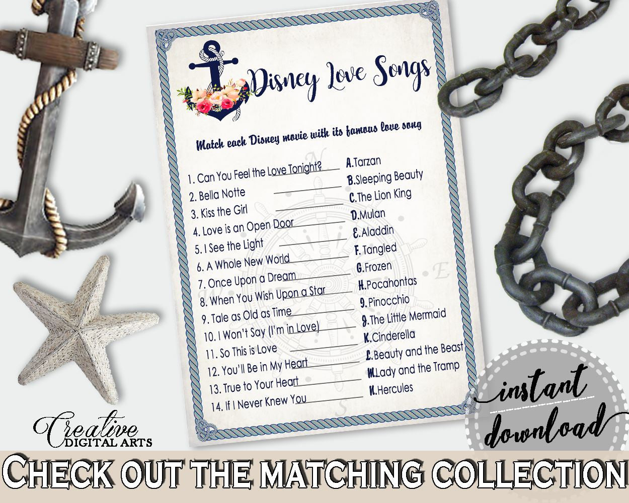 Navy Blue Nautical Anchor Flowers Bridal Shower Theme: Disney Love Songs Game - match the love songs, bridal shower idea, prints - 87BSZ - Digital Product