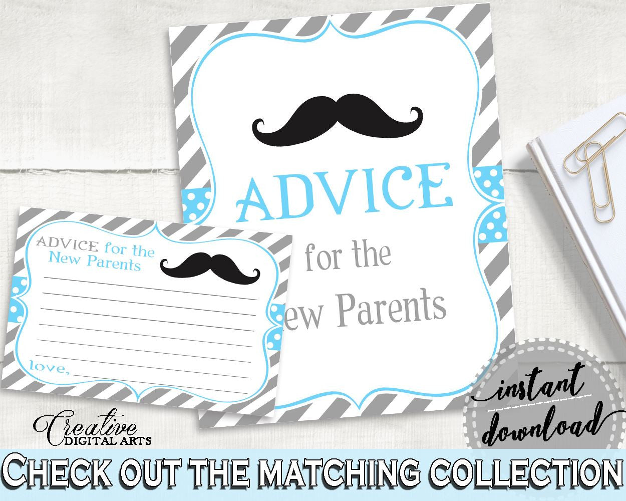 Blue Gray Advice Cards, Baby Shower Advice Cards, Mustache Baby Shower Advice Cards, Baby Shower Mustache Advice Cards party theme 9P2QW - Digital Product