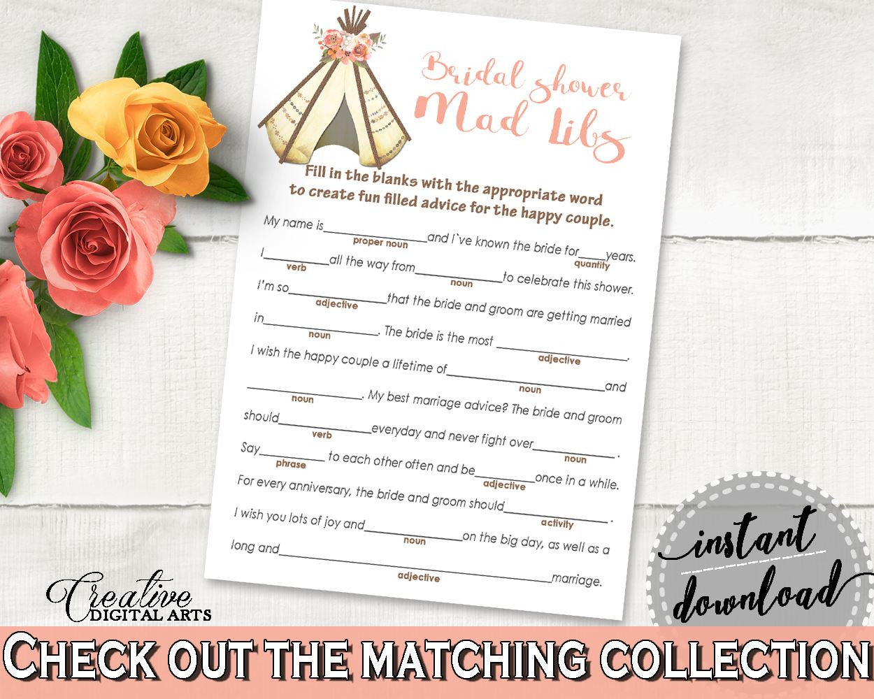 Mad Libs Bridal Shower Mad Libs Tribal Bridal Shower Mad Libs Bridal Shower Tribal Mad Libs Pink Brown party décor - 9ENSG - Digital Product