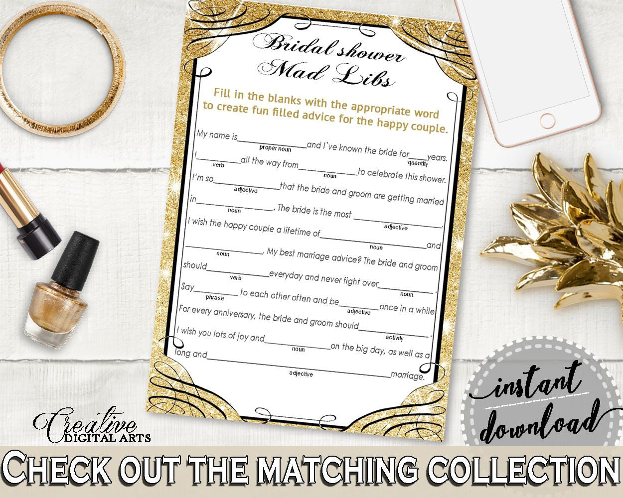 Gold And Yellow Glittering Gold Bridal Shower Theme: Mad Libs Game - interactive activity, glow bridal shower, bridal shower idea - JTD7P - Digital Product