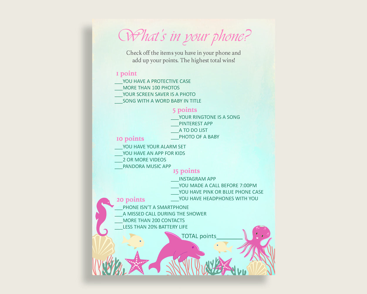 Pink Green What's In Your Phone Game, Under The Sea Baby Shower Girl, What's In Your Cell Phone Printable, Instant Download, Popular uts01