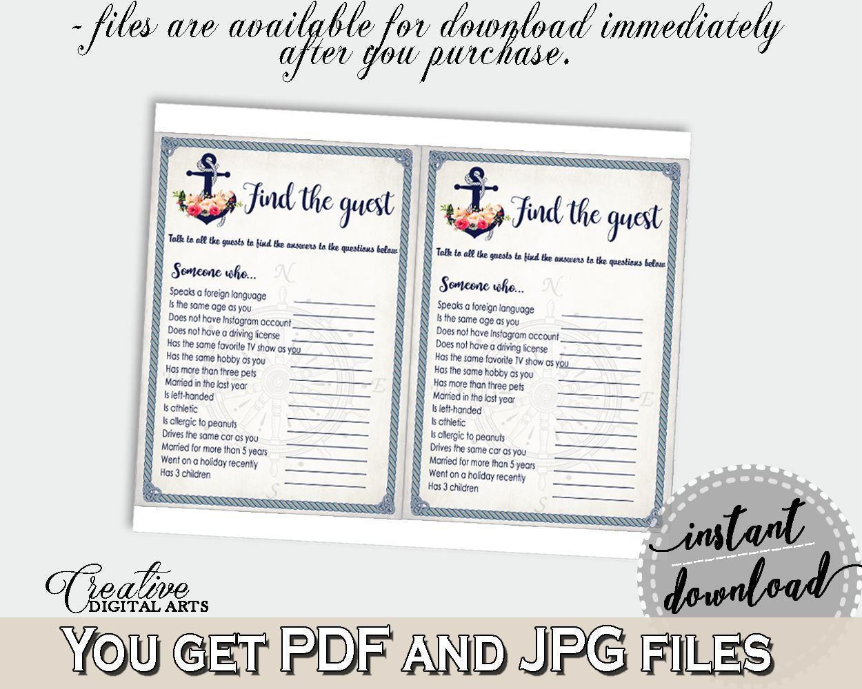 Find The Guest Game in Nautical Anchor Flowers Bridal Shower Navy Blue Theme, search guest, nautical rope, printables, prints - 87BSZ - Digital Product