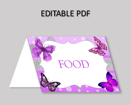 Food Tent Butterfly Editable Food Tent Butterfly Buffet Cards Purple White Place Cards Girl OHI62