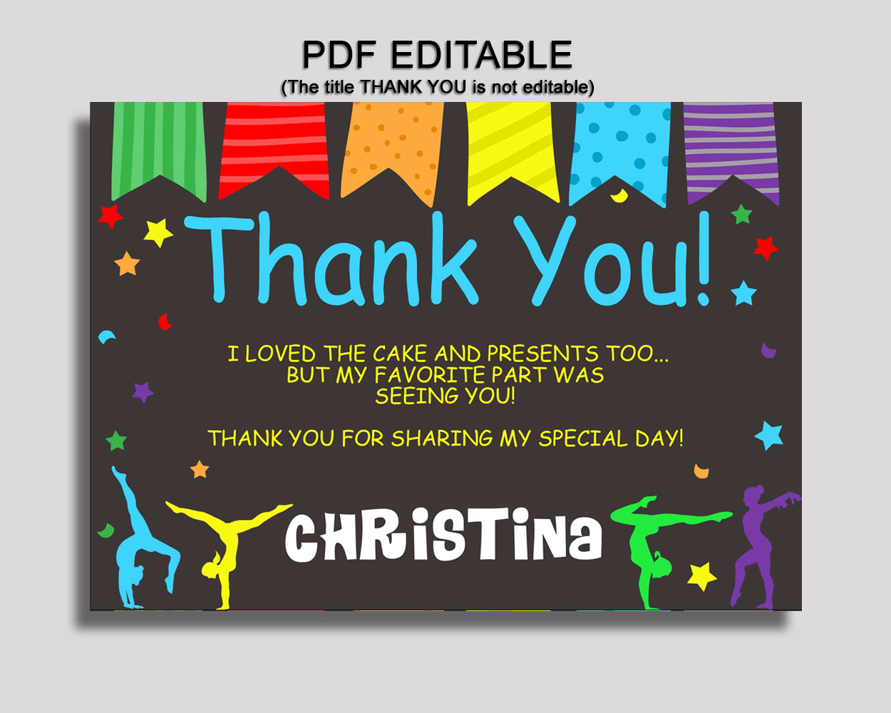 Birthday Gymnastics Thank You Gymnastics Self Editable Rainbow Black Thank You Notes Gymnastics Party Thank You Girl QKROL