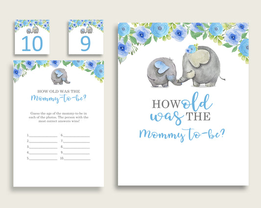 Blue Gray How Old Was The Mommy To Be, Boy Baby Shower Game Printable, Elephant Blue Guess Mommy's Age Game, Instant Download, Mammoth ebl01