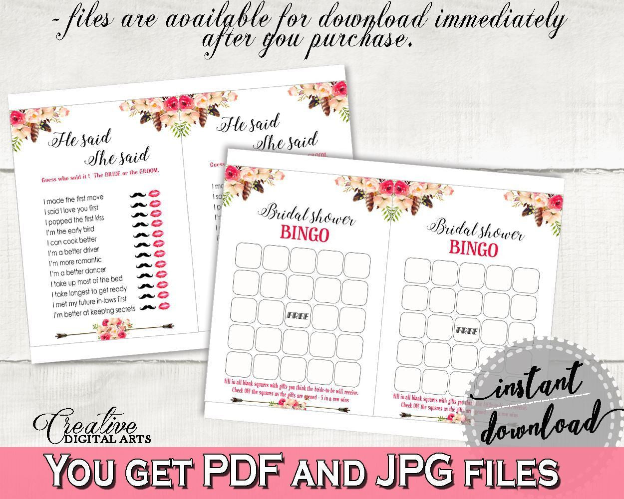 Pink And Red Bohemian Flowers Bridal Shower Theme: Games Bundle - games printable, tribal bohemian, bridal shower idea, party ideas - 06D7T - Digital Product