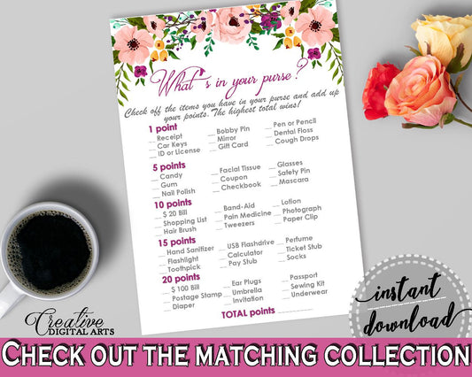Watercolor Flowers Bridal Shower What's In Your Purse Game in White And Pink, purse contents, pink white bridal, party planning - 9GOY4 - Digital Product