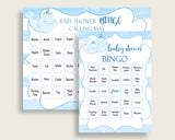Whale Baby Shower Bingo Cards Printable, Blue White Baby Shower Boy, 60 Prefilled Bingo Game Cards, Light Blue Watercolor Stripes wbl01