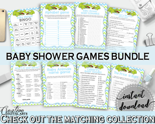 Blue and Green Baby Shower games package bundle printable with Green Alligator Crocodile for boys - Instant Download - ap002