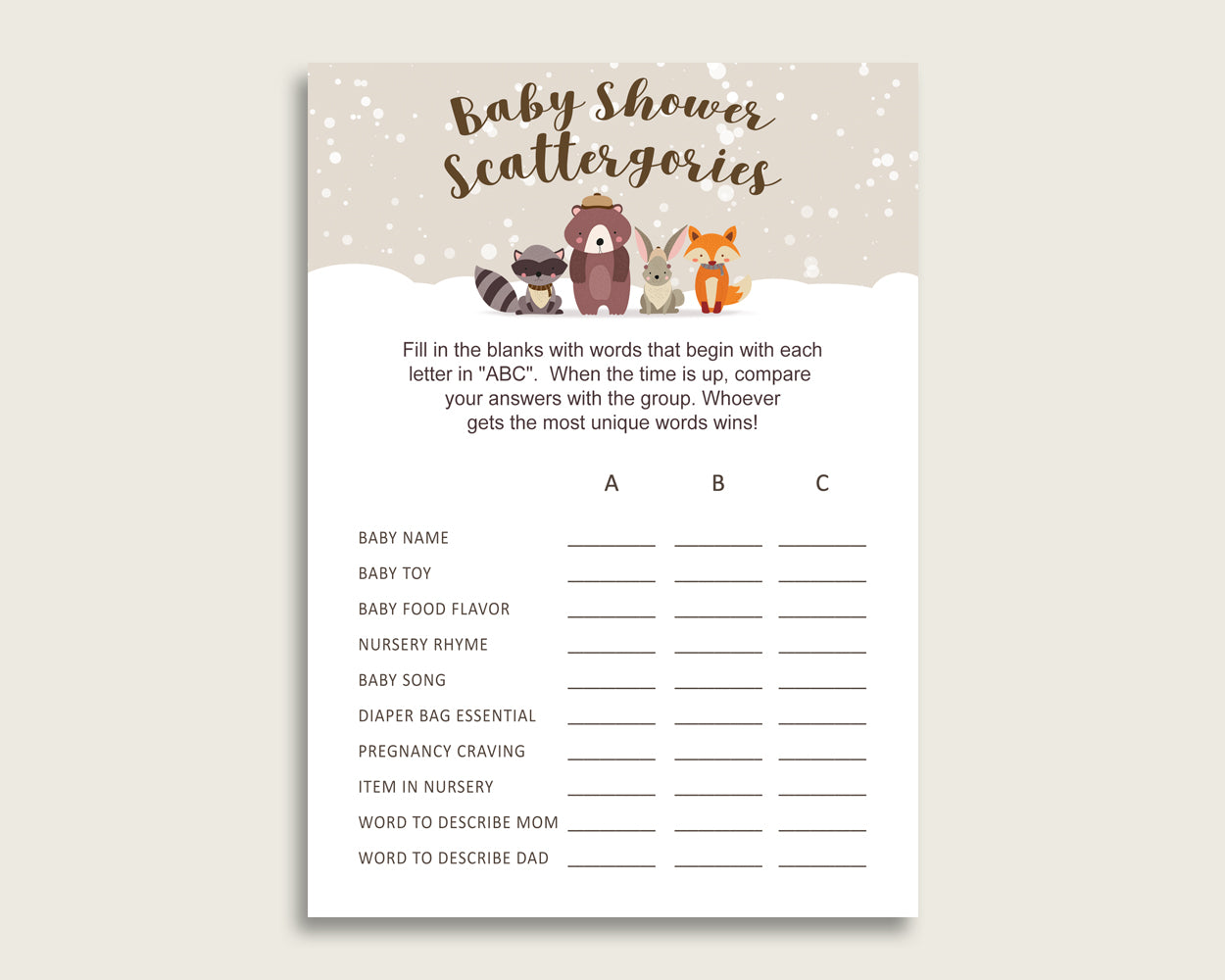 Scattergories Baby Shower Winter Woodland Theme, Beige Brown Scattergories Game Printable, Gender Neutral Baby Shower Fun Activity, RM4SN