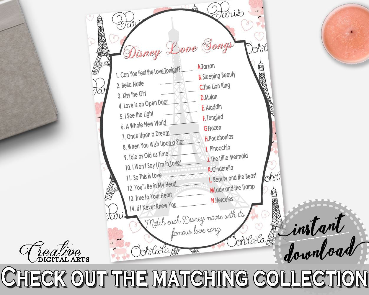 Pink And Gray Paris Bridal Shower Theme: Disney Love Songs Game - wedding shower game, bridal shower paris, pdf jpg, printables - NJAL9 - Digital Product