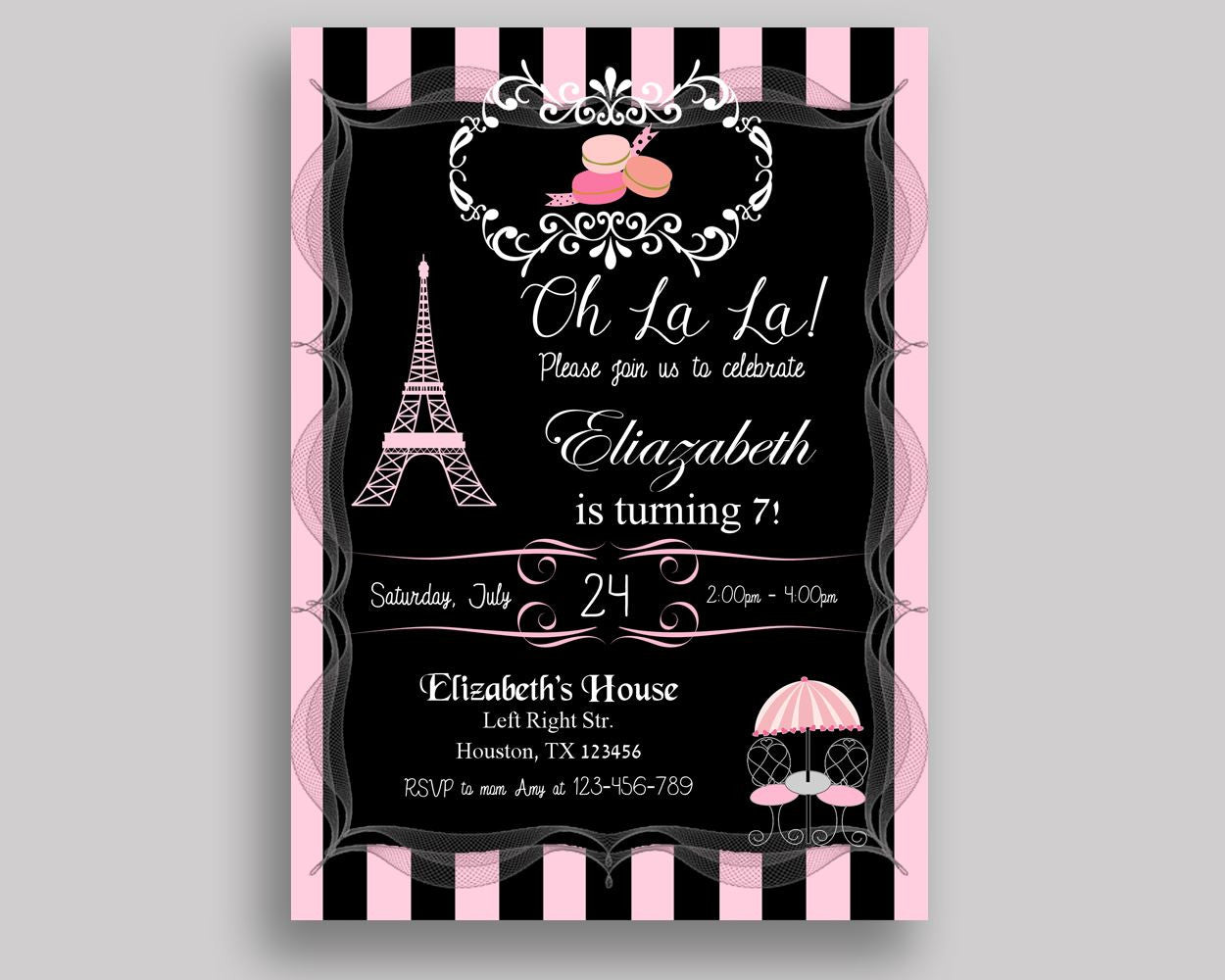 Paris Birthday Invitation Paris Birthday Party Invitation Paris Birthday Party Paris Invitation Girl Eiffel tower, oh la la ELNO2 - Digital Product