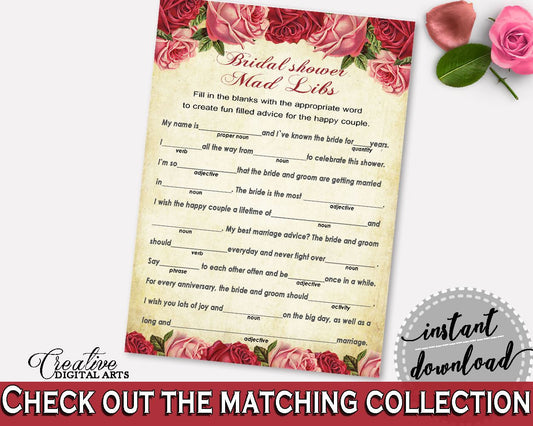 Mad Libs Bridal Shower Mad Libs Vintage Bridal Shower Mad Libs Bridal Shower Vintage Mad Libs Red Pink paper supplies, party decor XBJK2 - Digital Product