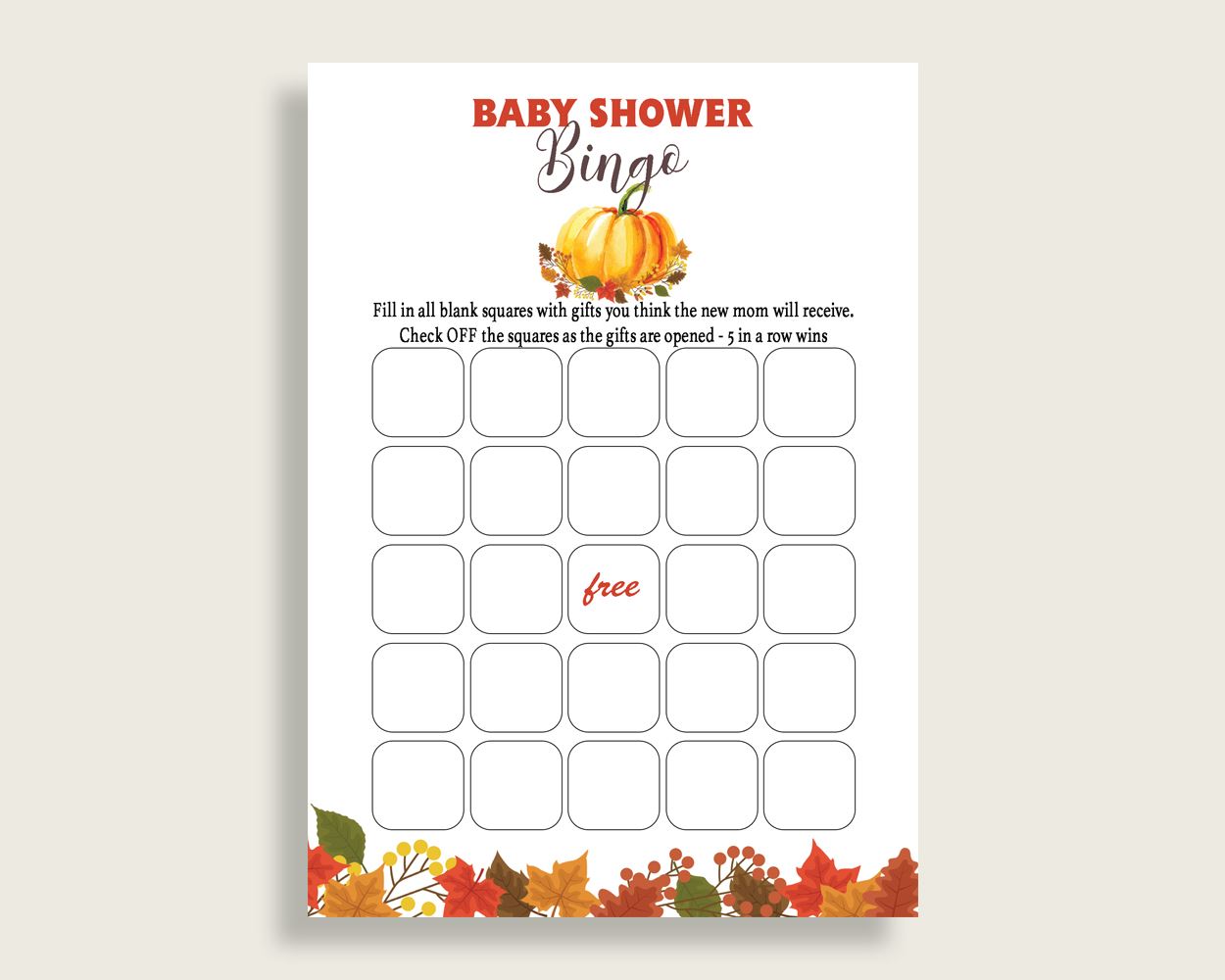 Empty Bingo Baby Shower Empty Bingo Fall Baby Shower Empty Bingo Baby Shower Pumpkin Empty Bingo Orange Brown party decorations BPK3D - Digital Product