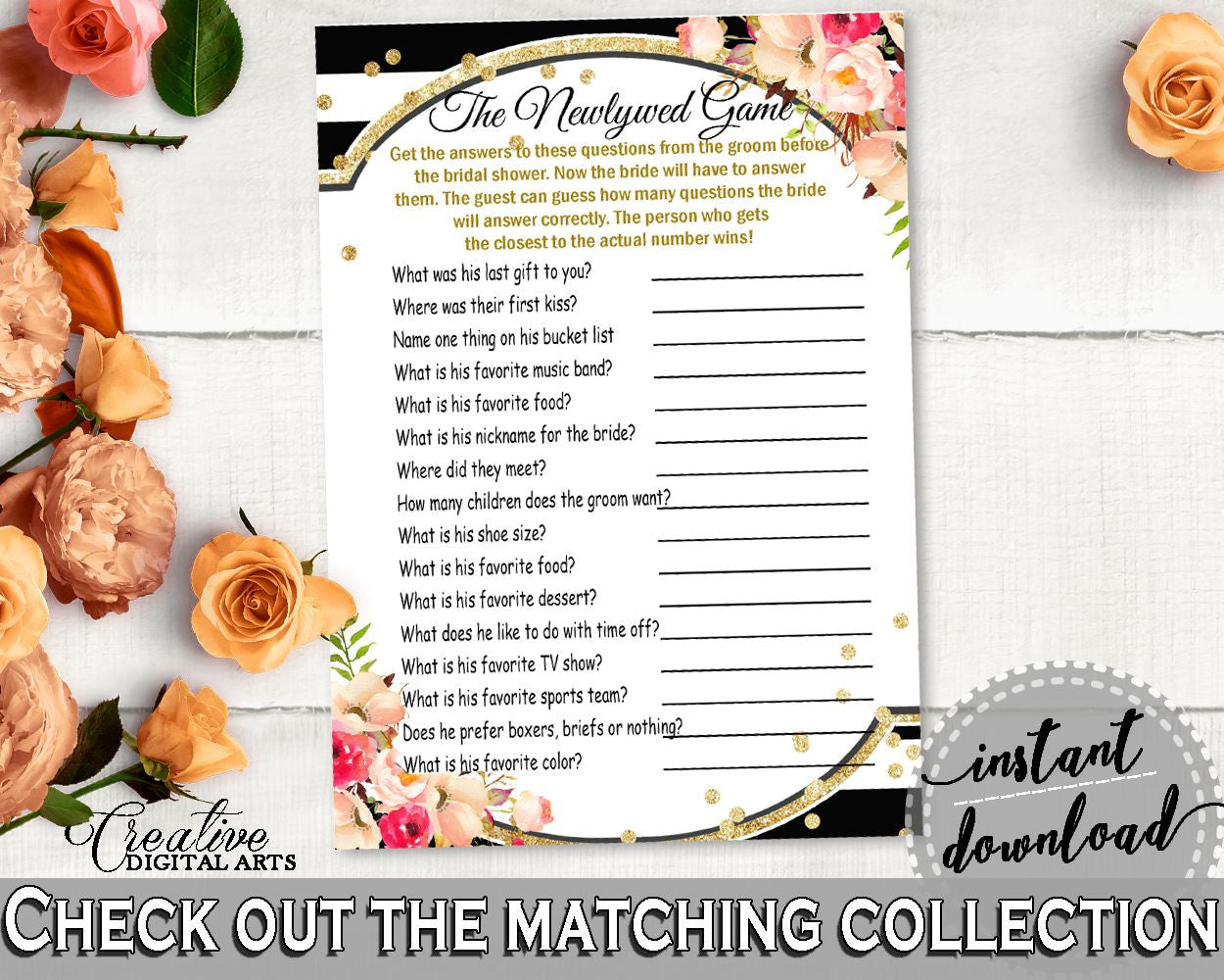 The Newlywed Game in Flower Bouquet Black Stripes Bridal Shower Black And Gold Theme, who knows bride best, party ideas, prints - QMK20 - Digital Product