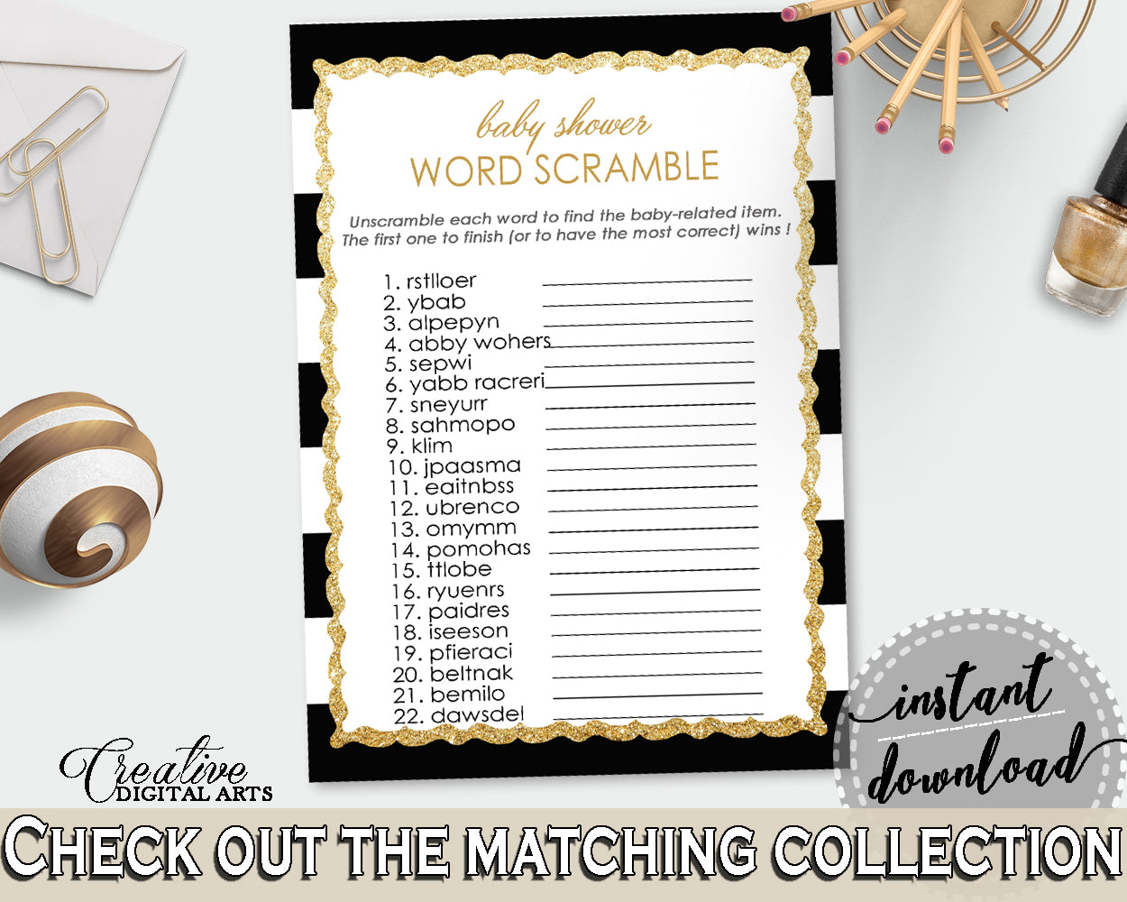 WORD SCRAMBLE baby shower game with black stripes color theme printable, gold glitter, digital files jpg pdf, instant download - bs001