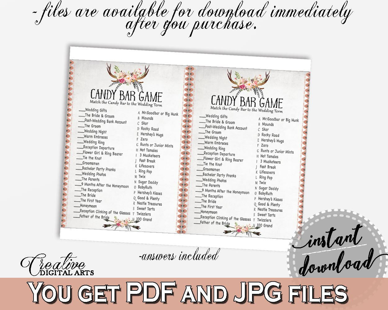 Antlers Flowers Bohemian Bridal Shower Candy Bar Game in Gray and Pink, bridal candy games, horns bohemian, party organizing, prints - MVR4R - Digital Product