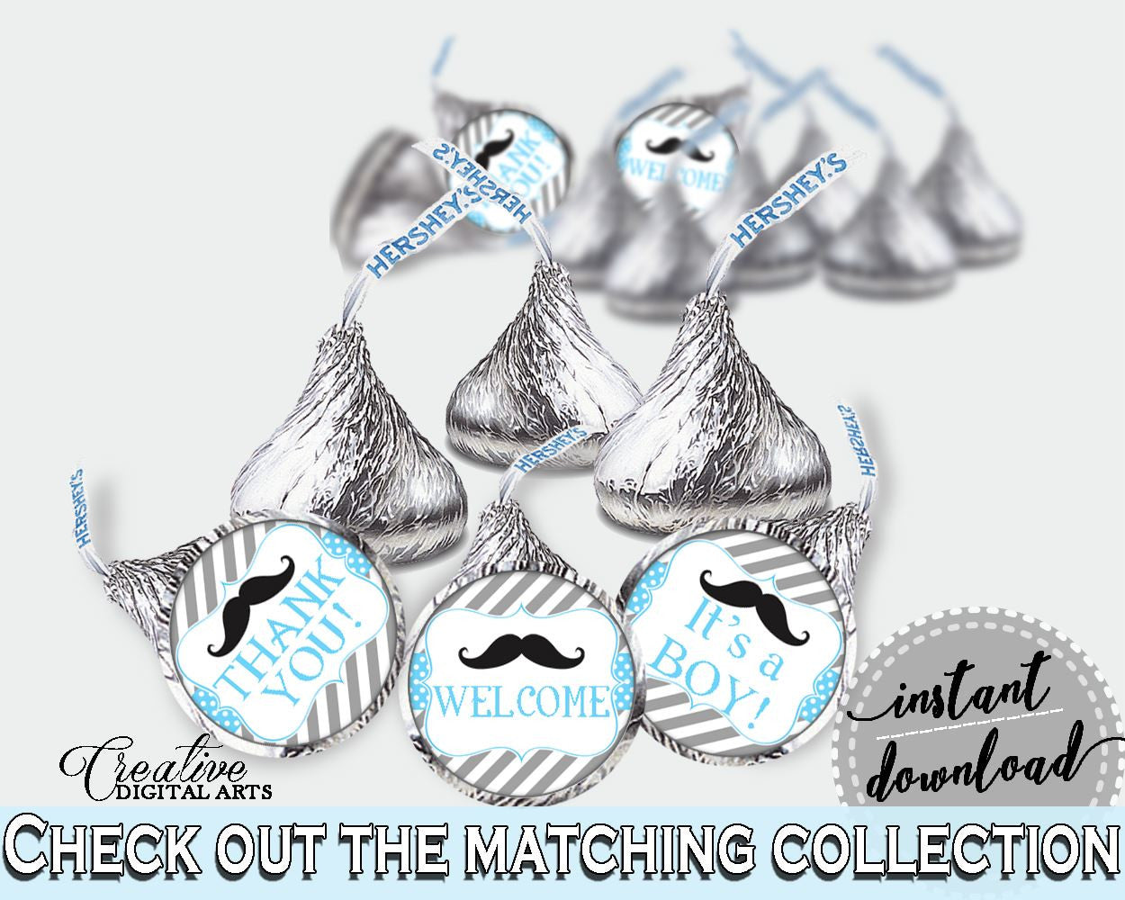 Blue Gray Hershey Kisses, Baby Shower Hershey Kisses, Mustache Baby Shower Hershey Kisses, Baby Shower Mustache Hershey Kisses instant 9P2QW - Digital Product