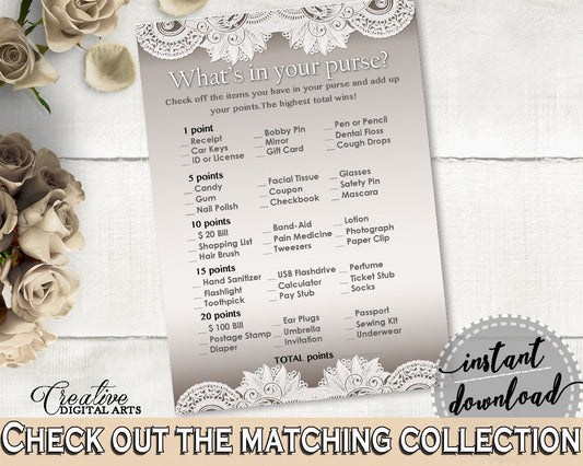 Brown And Silver Traditional Lace Bridal Shower Theme: What's In Your Purse Game - bag items, shower threadwork, party organization - Z2DRE - Digital Product