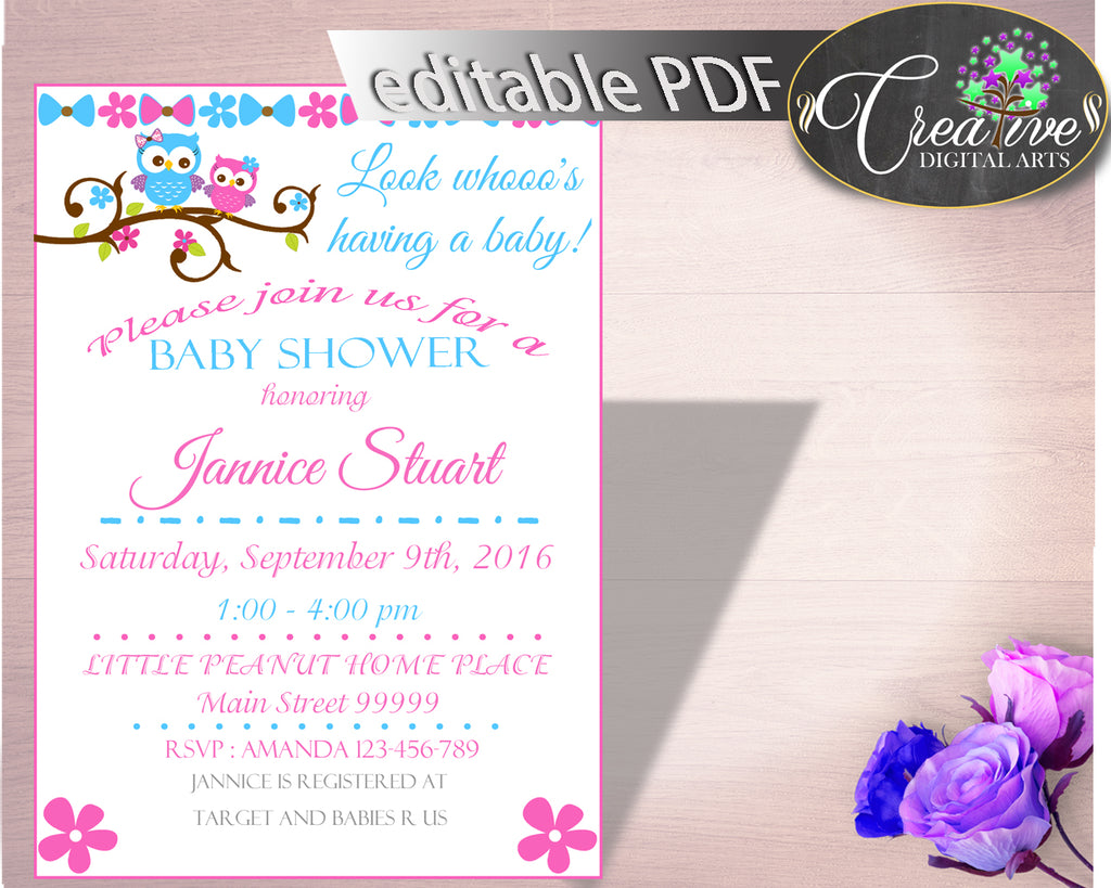 Invitation Baby Shower Invitation Owl Baby Shower Invitation Baby Shower Owl Invitation Pink Blue prints printables party plan party owt01