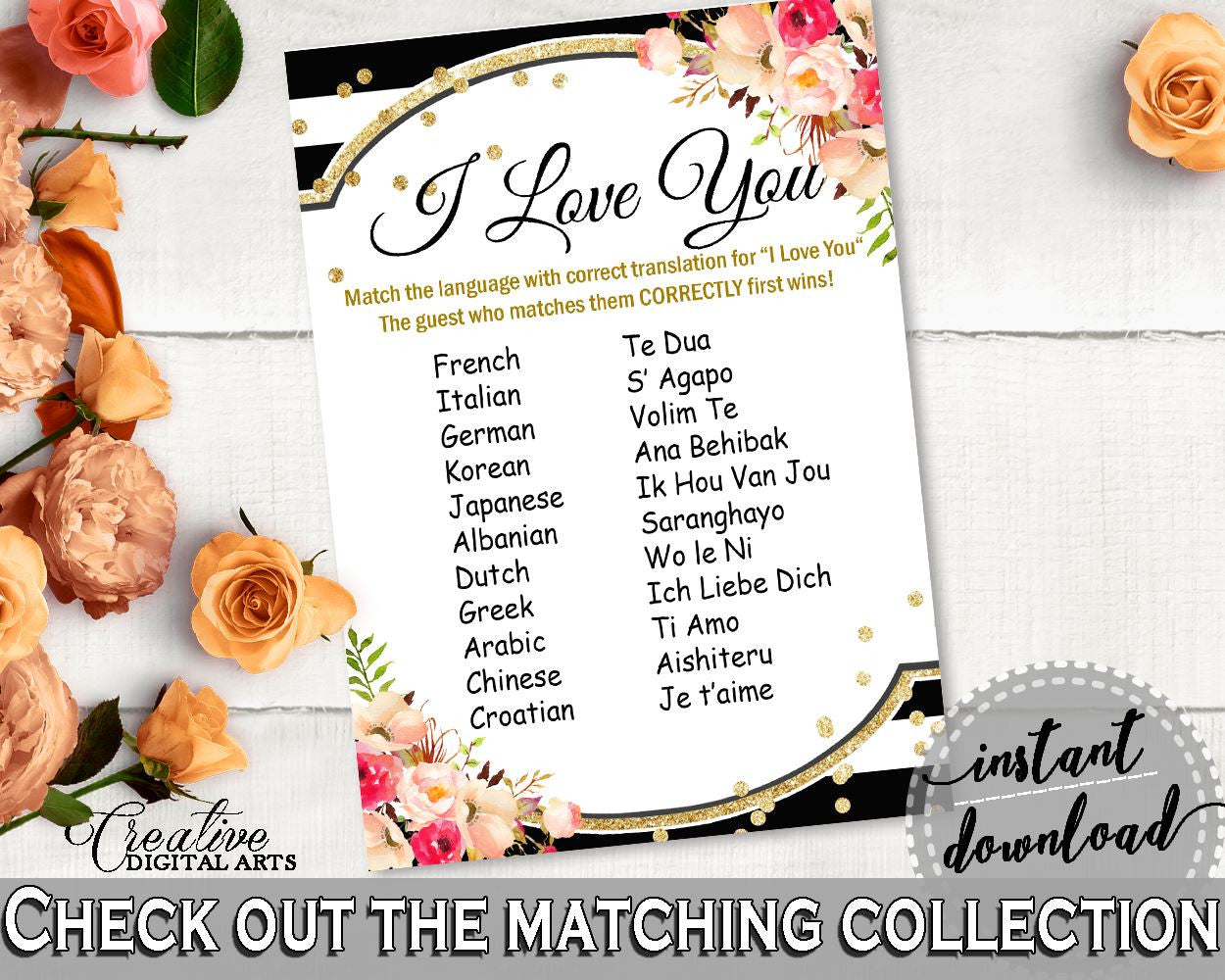 I Love You Game in Flower Bouquet Black Stripes Bridal Shower Black And Gold Theme, multilingual love, paper supplies, party decor - QMK20 - Digital Product