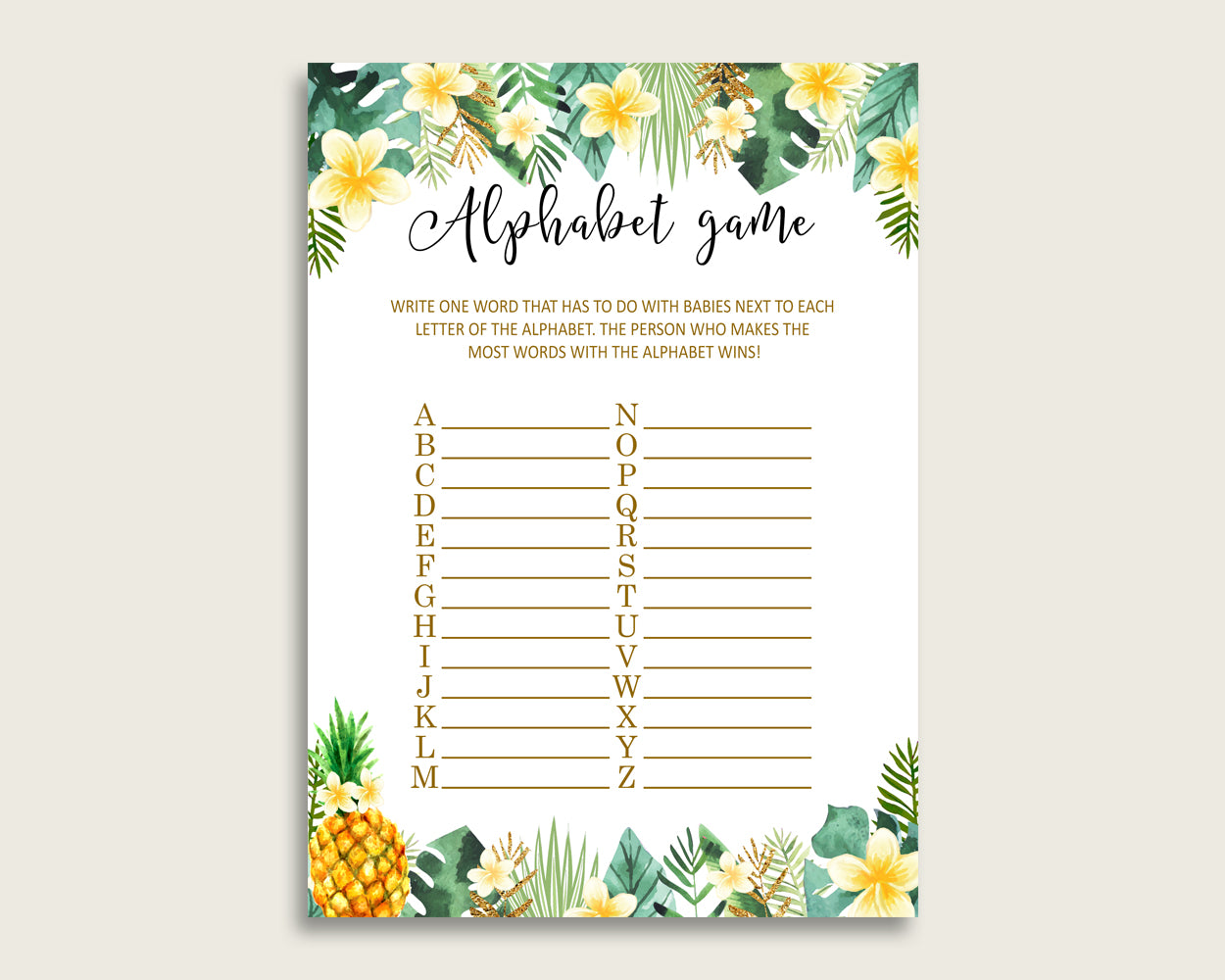 Green Yellow Alphabet Baby Shower Gender Neutral Game, Tropical A-Z Guessing Baby Game Printable, ABC's Baby Item Name Game, Instant 4N0VK