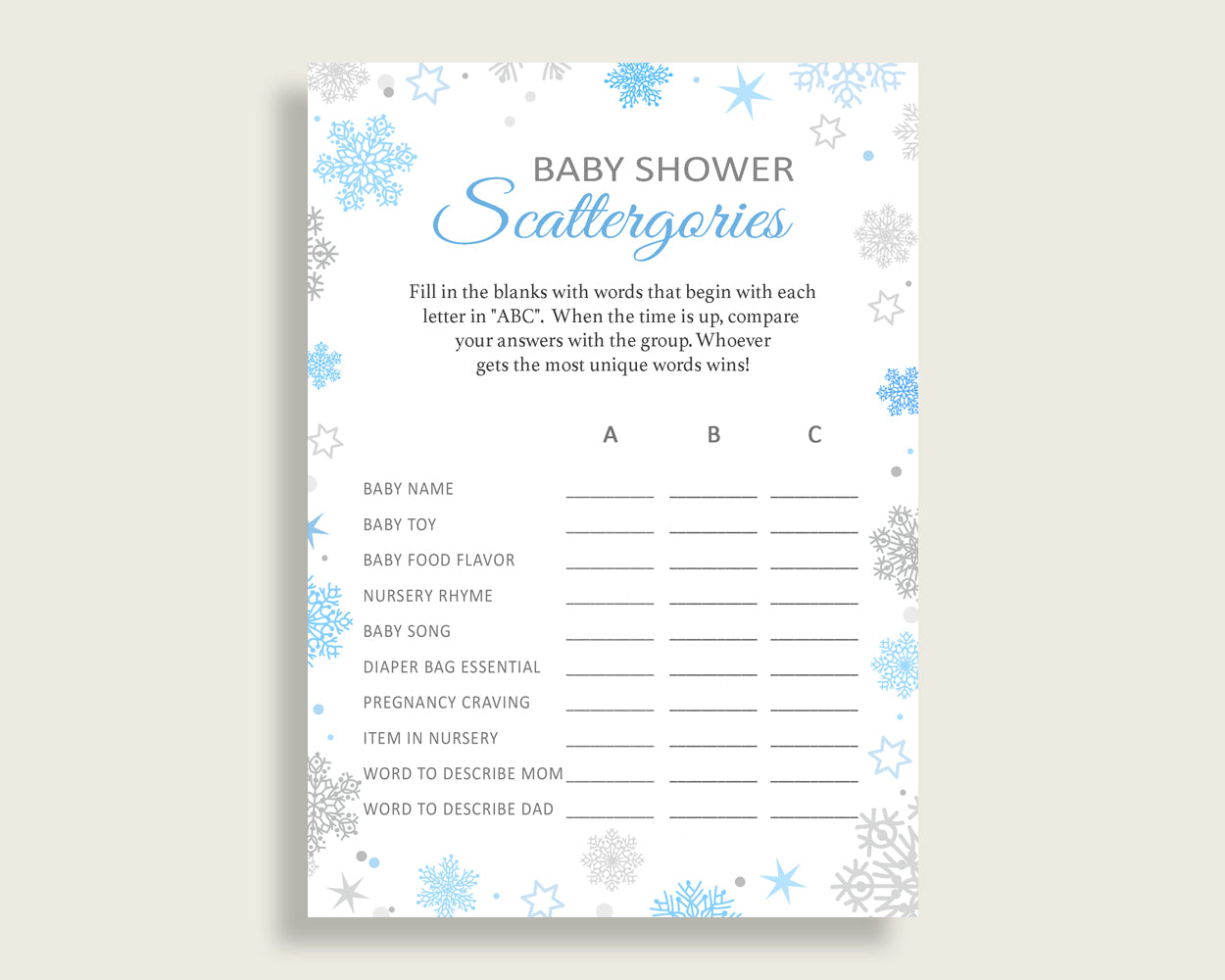 Scattergories Baby Shower Scattergories Snowflake Baby Shower Scattergories Blue Gray Baby Shower Snowflake Scattergories printable NL77H