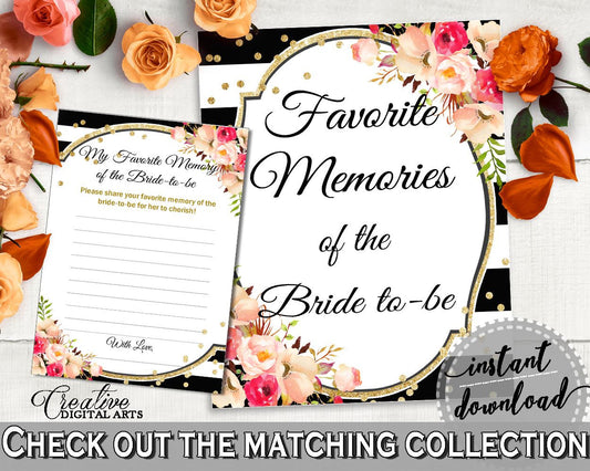 Favorite Memories Of The Bride To Be in Flower Bouquet Black Stripes Bridal Shower Black And Gold Theme, favourite memories, - QMK20 - Digital Product