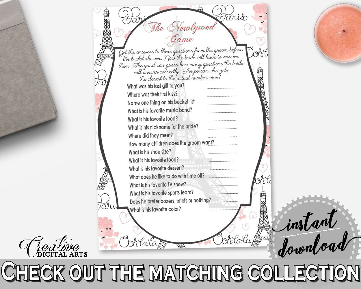 The Newlywed Game in Paris Bridal Shower Pink And Gray Theme, wedding game, grey eiffel tower, party planning, party stuff, prints - NJAL9 - Digital Product