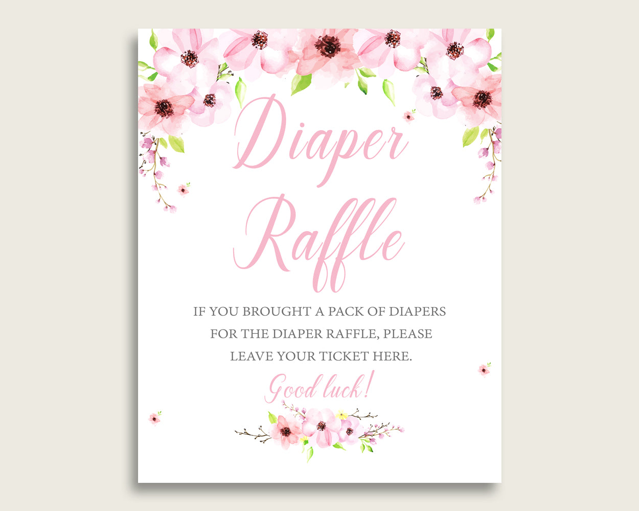 Flower Blush Baby Shower Diaper Raffle Tickets Game, Girl Pink Green Diaper Raffle Card Insert and Sign Printable, Instant Download VH1KL