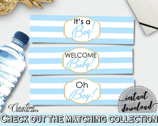 Baby shower printable WATER BOTTLE LABELS with blue and white stripes, digital files Pdf Jpg, instant download - bs002