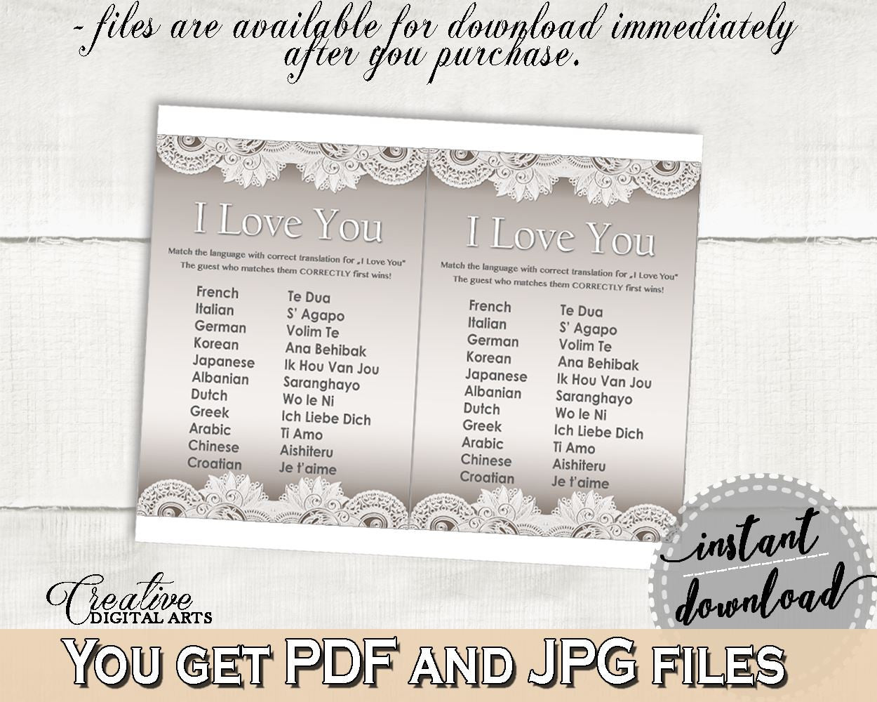 I Love You Game in Traditional Lace Bridal Shower Brown And Silver Theme, multilingual love, cheap bridal, paper supplies, prints - Z2DRE - Digital Product