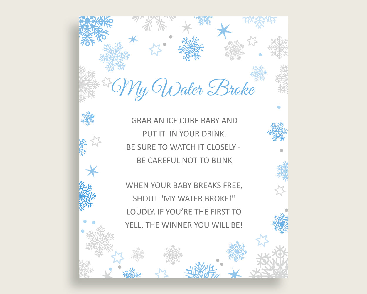 My Water Broke Baby Shower My Water Broke Snowflake Baby Shower My Water Broke Blue Gray Baby Shower Snowflake My Water Broke prints NL77H