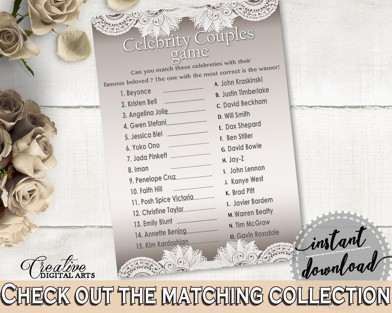 Traditional Lace Bridal Shower Celebrity Couples Game in Brown And Silver, last minute, classy shower, shower activity, party theme - Z2DRE - Digital Product