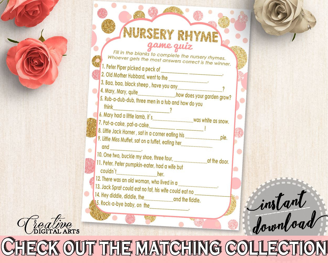 Pink Gold Nursery Rhyme Quiz, Baby Shower Nursery Rhyme Quiz, Dots Baby Shower Nursery Rhyme Quiz, Baby Shower Dots Nursery Rhyme RUK83 - Digital Product