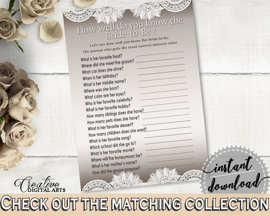 Traditional Lace Bridal Shower How Well Do You Know The Bride To Be in Brown And Silver, quiz game, gray shower, party decor, prints - Z2DRE - Digital Product