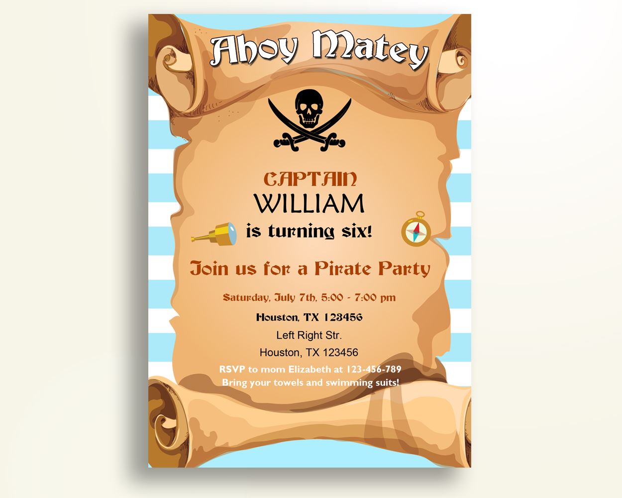 Pirate Birthday Invitation Pirate Birthday Party Invitation Pirate Birthday Party Pirate Invitation Boy captain invitation QP851 - Digital Product