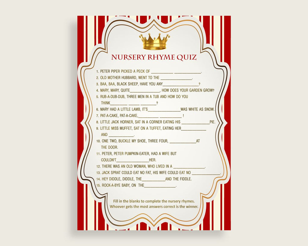 Prince Nursery Rhyme Quiz Printable, Red Gold Nursery Rhyme Game, Red Gold Baby Shower Boy Activities, Instant Download, Most Popular 92EDX