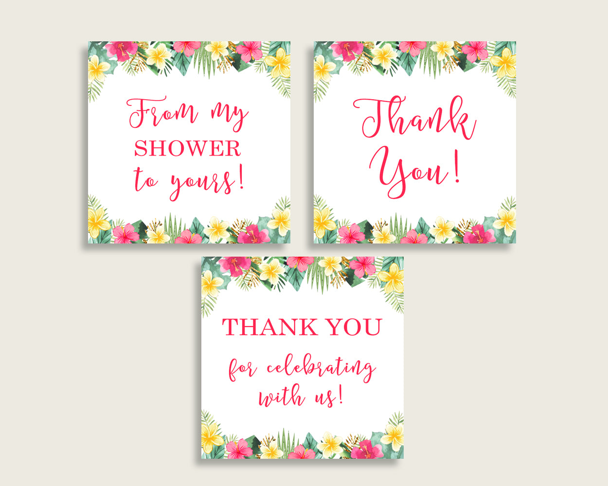 Hawaiian Baby Shower Square Thank You Tags 2 inch Printable, Pink Green Girl Shower Gift Tags, Hang Tags Labels, Instant Download 955MG