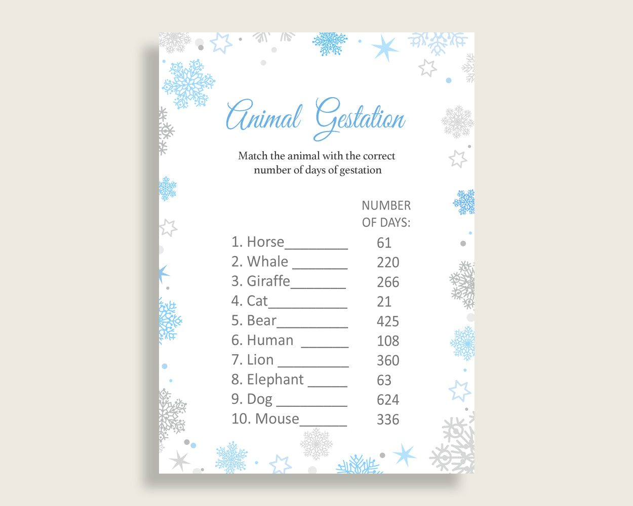 Animal Gestation Baby Shower Animal Gestation Snowflake Baby Shower Animal Gestation Blue Gray Baby Shower Snowflake Animal Gestation NL77H