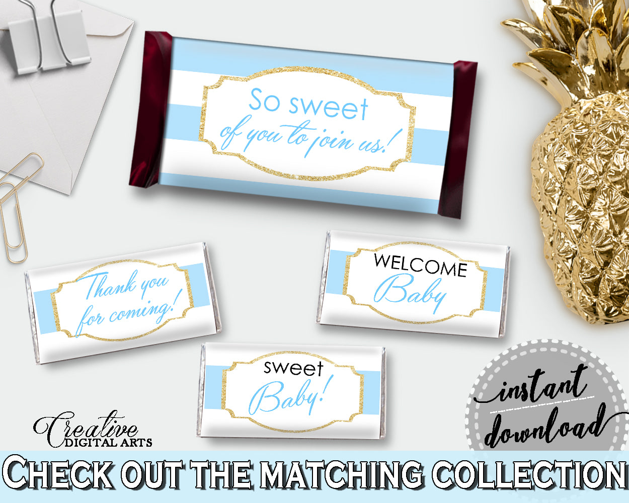 Baby shower CANDY BAR printable decoration wrappers and labels with blue stripes, glitter gold text, instant download - bs002