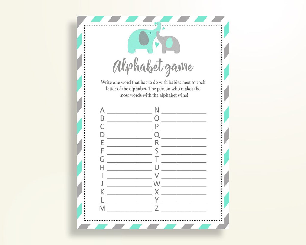 Alphabet Game Baby Shower Abc Game Turquoise Baby Shower Alphabet Game Baby Shower Elephant Abc Game Green Gray party organising 5DMNH - Digital Product